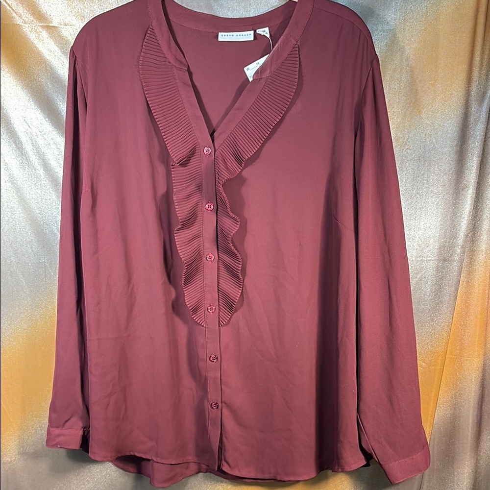 Susan Geaver 22w sheer chiffon Burgundy Ruffle Blouse. H1 office wear